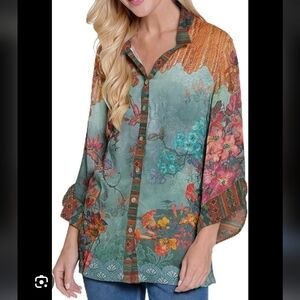 John Mark Floral Print Blouse - Green and Orange